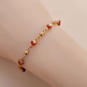 Gold Heart Red Stone Beaded Bracelet Dainty Pendant Station Chain Charm Boho